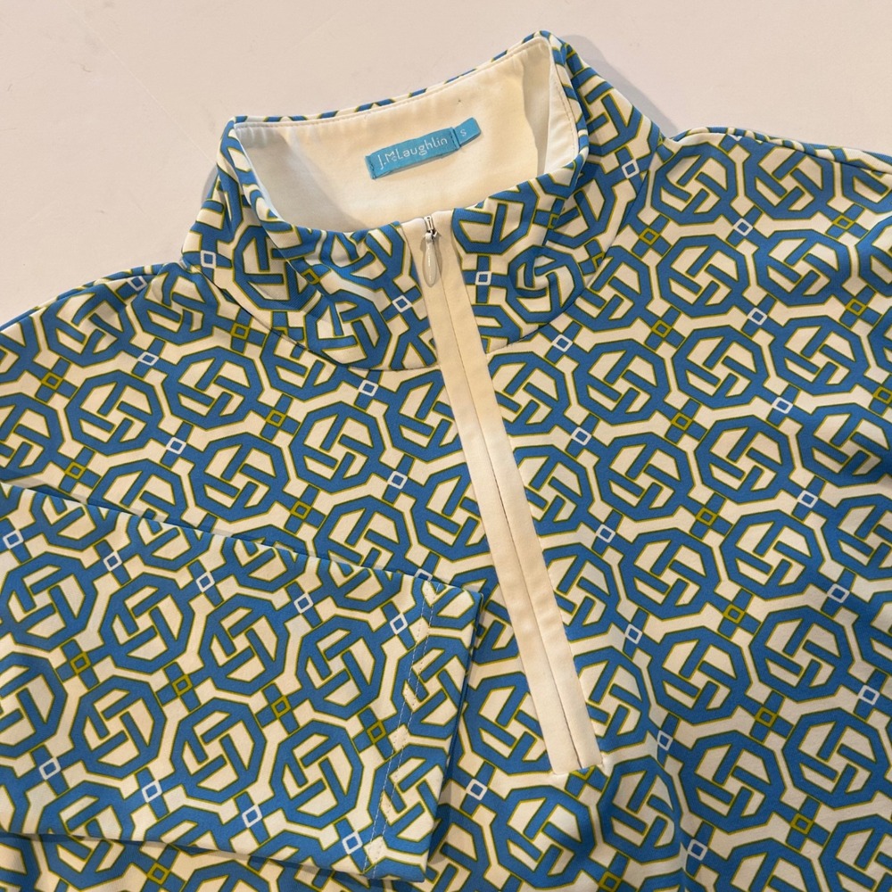 J.McLaughlin Womens Small Blue Yellow Geometric Trellis Quarter Zip Pullover Top